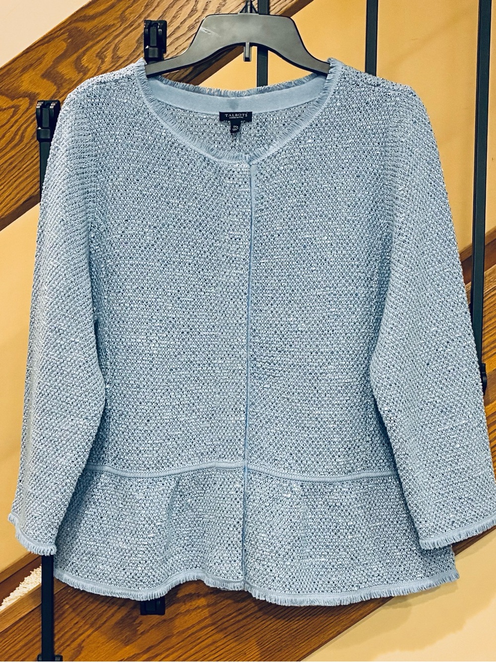 Talbots Blazer jacket full zip Fringe Crew Neck light Blue White flecks SZ. 1XP